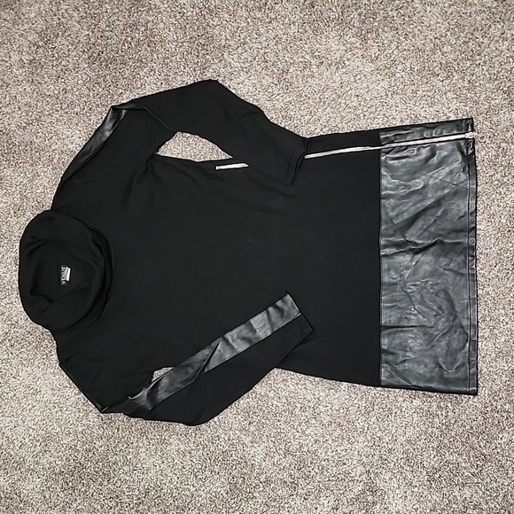 VENUS Black Cowl Neck Long Sleeve Sweater Dress Faux Leather Large - Picture 1 of 9